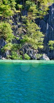 from a boat  in  philippines  snake island near el nido palawan beautiful panorama coastline sea and rock 