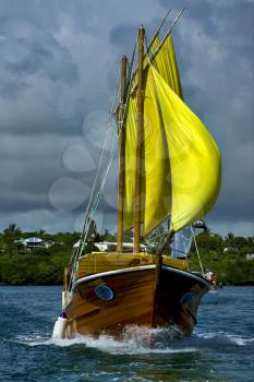 tropical lagoon hill navigable  froth cloudy  pirate boat  and coastline in mauritius