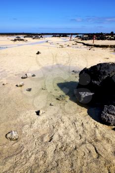 people footstep coaststone  volcanic spain  water in lanzarote  sky cloud beach  and summer 
