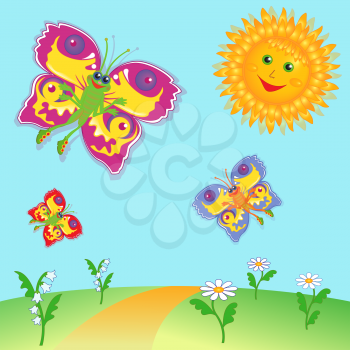 Colorful cartoon fairy butterflies flying near a Sun over meadow. Hand drawing vector illustration