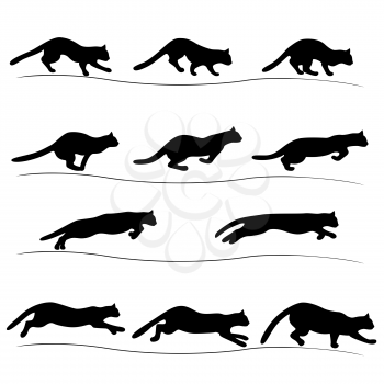 Set of several running black cat positions, isolated vector silhouettes