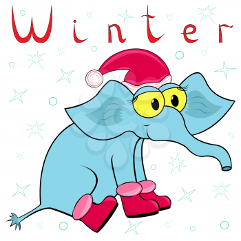 Why Elephant is so cold in winter? Cheerful Elephant in the cap of Santa and in the winter boots on the background of a winter motif. Hand drawing cartoon vector illustration