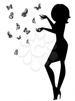 Beautiful young woman silhouette with butterflies, hand drawing black and white vector illustration