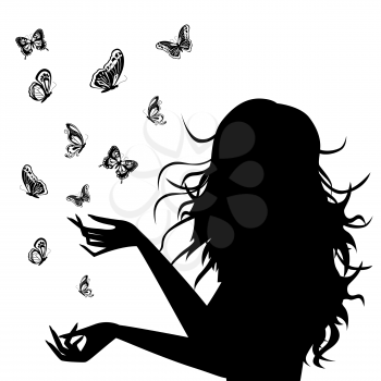 Beautiful young woman silhouette with butterflies around her, hand drawing black and white vector illustration