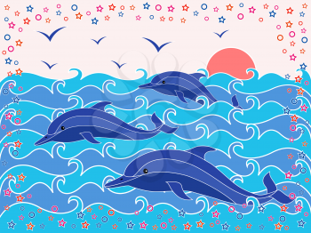 Three Dolphins in the sea waves at sunrise, hand drawing vector illustration
