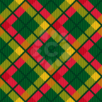 Diagonal seamless checkered shades of green, pink and yellow vector pattern as a tartan plaid