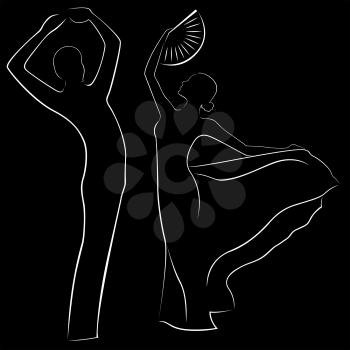 Man and woman dancing. hand drawing black and white vector illustration with black background