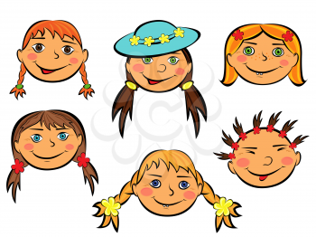 Set with six funny faces of smiling teen girls on white background, hand drawing cartoon vector illustration
