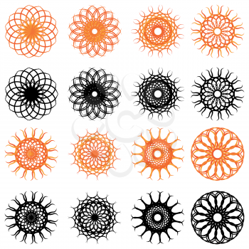 Set of eight abstract swirl rounded shapes in orange gradient hues and its black silhouettes, vector design elements