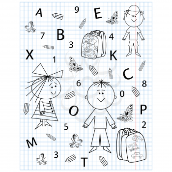 School kit hand drawing in notebook sheet, vector illustration 