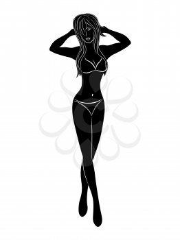 Beautiful young graceful woman in bikini, vector hand drawing black silhouette on a white background