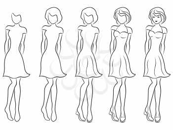 Sequence of hand drawing creation a beautiful women vector contour with five steps. Model of each stage can be used as a self-contained image