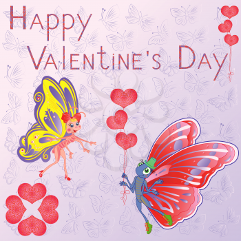 Happy Valentine Day, butterflies with balloons as a hearts on the butterflies background, hand drawing stylized vector greeting card