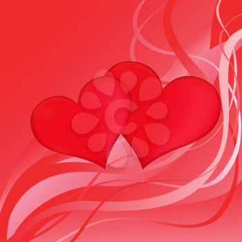 Two red hearts on a red abstract background, vector Valentines greeting card