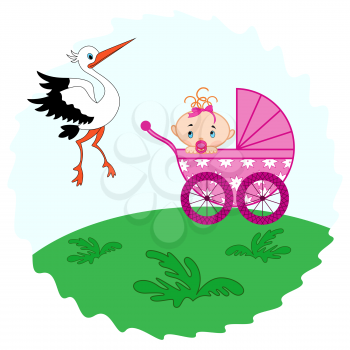 Baby girl in a pram in the meadow and stork beside him, hand drawing vector illustration
