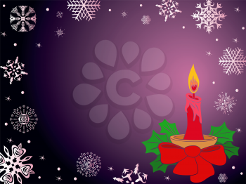 Christmas greeting card with red candle and snowflakes in dark purple hues, hand drawing vector illustration