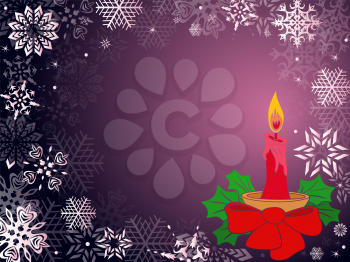 Christmas greeting card with candle and snowflakes in dark purple hues, hand drawing vector illustration