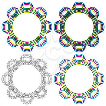 Four abstract colorful vector circular colorful shapes same as a wicker pattern with different details in performance