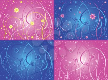 Abstract phantasmagoric floral hand drawing vector artwork in four different color designs with pink and blue hues