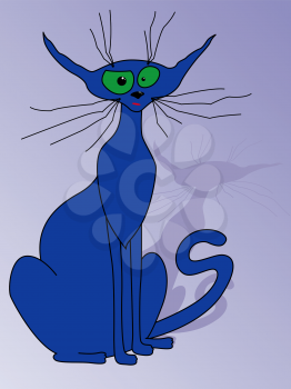 Caricature blue cat sitting, sketching vector illustration