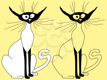 Two caricature cats are sitting, sketching vector illustration