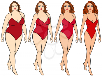 Four stages of a woman on the way to lose weight, colorful vector illustration isolated on white background