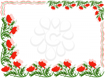 Greeting card with placed around the perimeter a floral ornament with red poppies and colourful lines, hand drawing vector illustration