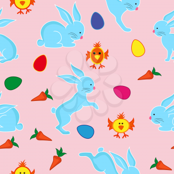 Easter seamless vector pattern with blue rabbits, Easter eggs, small chickens and carrots