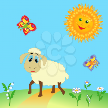 Sheep grazing on pasture and colorful cartoon fairy butterflies flying near a Sun over meadow. Hand drawing vector illustration