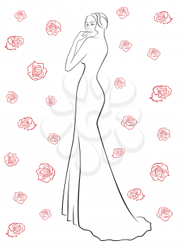 Stylish black contour of a slender woman in a long dress among red roses isolated on a white background, vector illustration