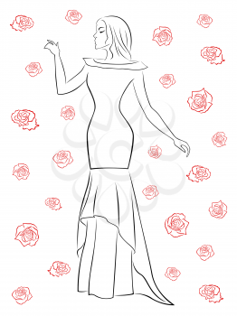 Stylish black contour of a woman in a long dress among red roses isolated on a white background, vector illustration