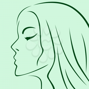 Female laconic heads outline in green hues, hand drawing vector simple illustration