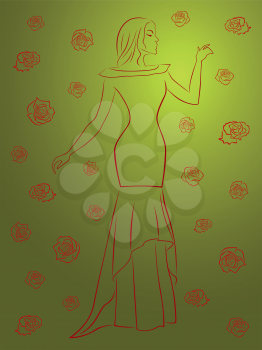 Stylish red contour of a woman in a long dress among roses on a warm green background, vector illustration
