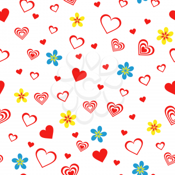 Seamless vector pattern with flowers and different red Valentine hearts on the white background