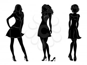 Three beautiful slim women black silhouettes with white contours, hand drawing vector artwork