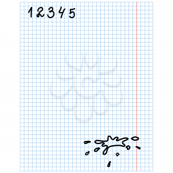 Checkered sheet of school notebook with painted figures and blots, vector illustration