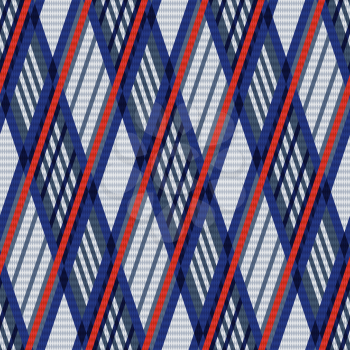Rhombus seamless vector pattern as a tartan plaid fabric mainly in blue, red and light grey hues