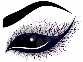 Abstract female eye with long curling violet eyelashes, vector illustration in dark blue and black hues 