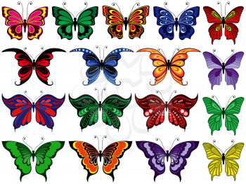 Set of seventeen colorful ornamental butterflies isolated on a white background, hand drawing vector illustration