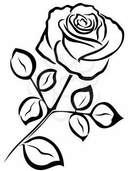 Black vector outline of single rose flower isolated on a white background