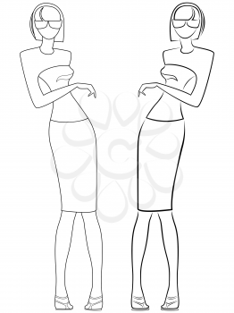 Abstract elegant woman in glasses, vector outline in two embodiments, one with the continuous line and the other with separate lines