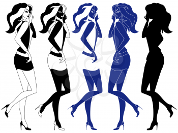 Beautiful young girl with luxurious hair in a short skirt, vector artwork in five variants of embodiment