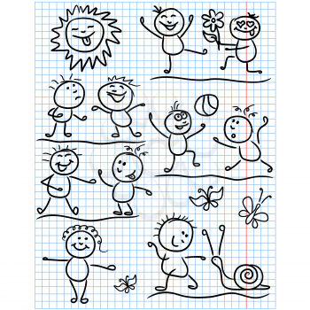 Amusing smiling sun and set of several kid figures in various funny scenes, sketching cartoon vector artwork as a childish drawing on a sheet of school copybook