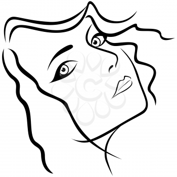 Abstract beautiful young lady portrait with half turn head, hand drawing vector outline