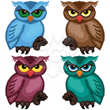 Set of four colorful ornamental owls with circle elements isolated over white background, cartoon vector illustration