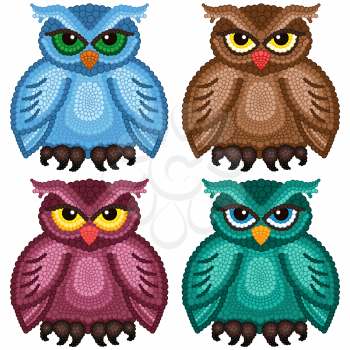 Set of four funny ornamental owls with circle elements isolated over white background, cartoon vector illustration