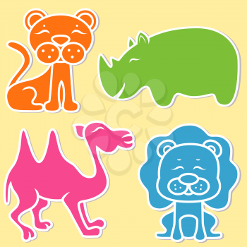Lion, lioness, rhino and camel on light yellow background, cartoon flat vector illustration