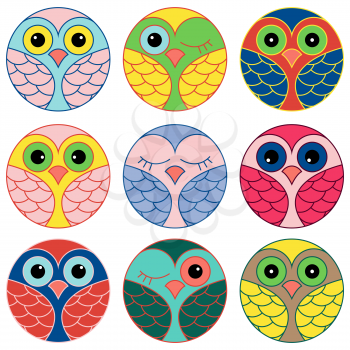 Set of nine funny colored owl faces placed in a circles and isolated on a white background, cartoon vector illustration as icons