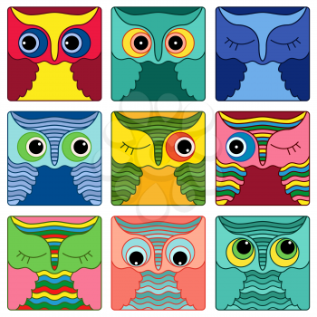 Set of nine amusing colorful owl faces placed in square forms and isolated on a white background, cartoon vector illustration as icons