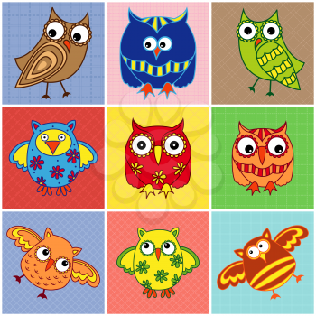 Editable vector set of nine amusing colorful owls placed on the square seamless patterns with dashed lines, every pattern isolated on a white background and can be used separately